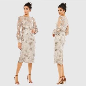 MAC DUGGAL
Beige Embellished High Neck Illusion Long Sleeve Midi Dress Size 12